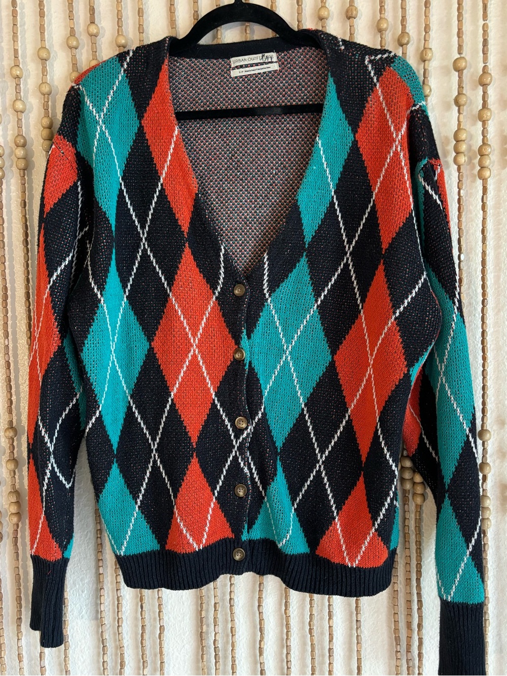 UO Teal Orange Argyle Knit Twee Academia V Neck Button Down Sweater